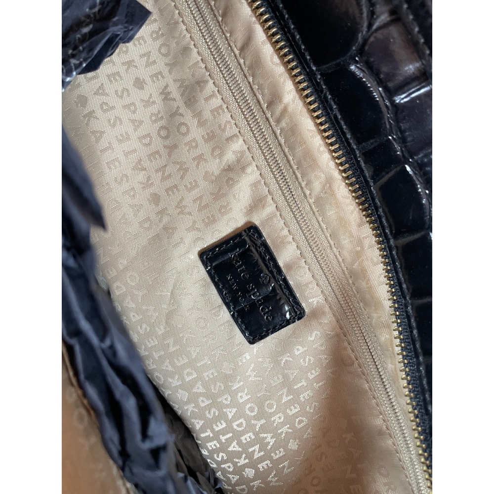 Kate Spade Black Croc Embossed Patent Leather Tote Bag Shoulder Purse Gold Logo - Picture 6 of 9